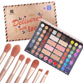 42 Colors Eyeshadow Palette with 7 Makeup Brushes Set Waterproof and sweat-proof Blush Face Powder Lip Gloss Highlighter Eyebrow Powder All in One Gift Kit
