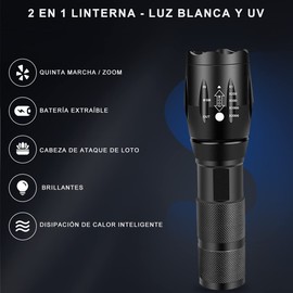 MOYAC Linterna LED Luz UV y Blanco 2 en 1, Linterna Led Recargable para Exteriores, Linterna Impermeable de Grado Vital para Ciclismo al Aire Libre, Montañismo, Camping, Viajes