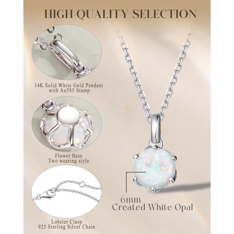 FANCIME Opal Necklace, 14K Solid White Gold Flower Pendant with
