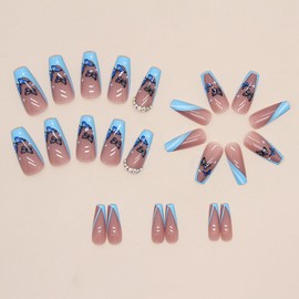 Press on Nails Square Medium Length Artificial Acrylic Fake Nails with Butterfly Design, Full Cover Reusable Coffin Shaped Blue French False Nails, DIY Stick on Nails for Women, Glue on Nails for Set