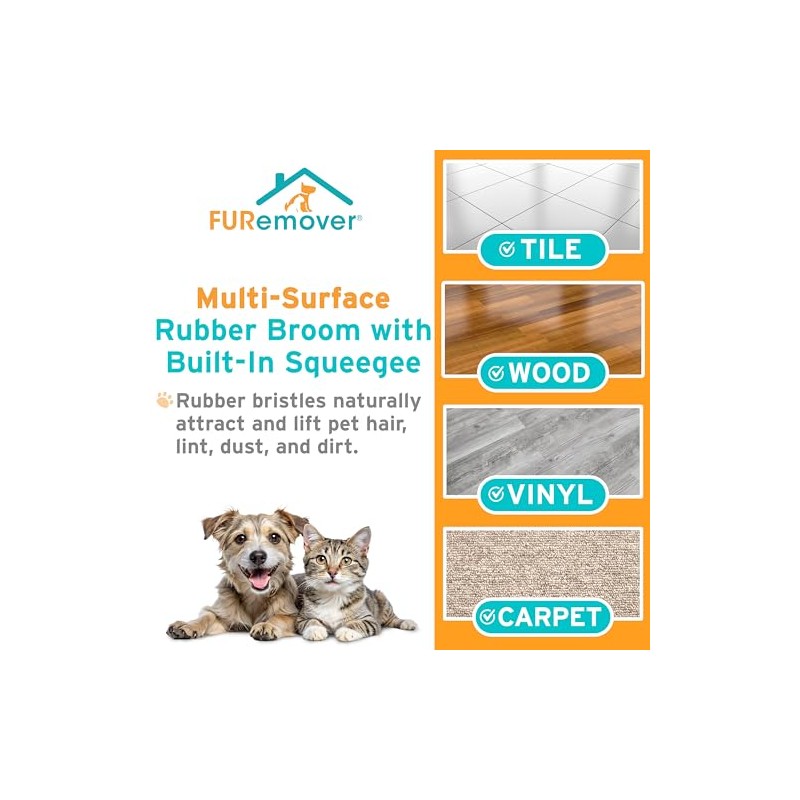 FURemover Pet Hair Removal Rubber Broom, 61" Telescopic Handle