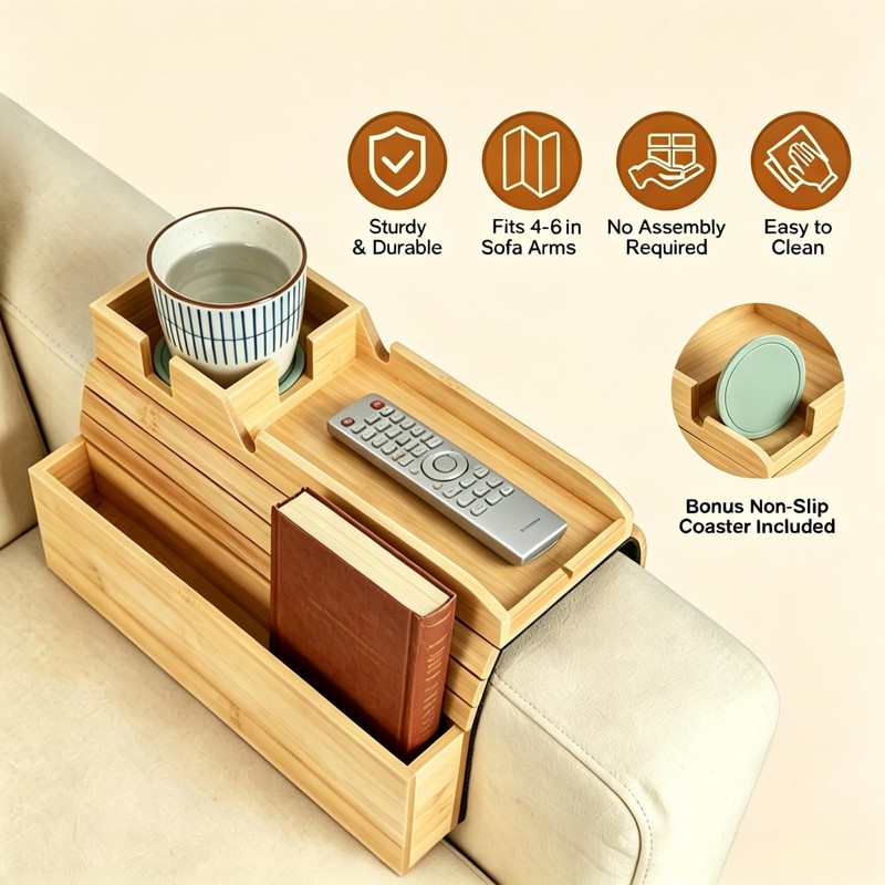 Bamboo Sofa Armrest Tray with Storage Pocket
