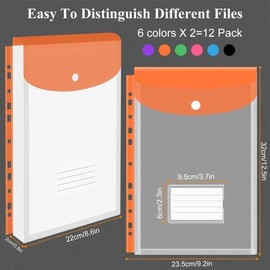 Document Folder A4 Vakki Pack of 12 Transparent Document Bag A4 6 Colours Transparent Pocket Documents Collection Folder A4 Bag with 11 Hole Edge, Press Stud and Label Pocket for Organising Documents