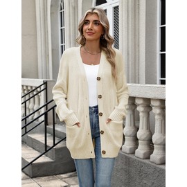 Zeagoo Women's Cardigan Long Sleeve Knitted Cardigan with Buttons Loose V-Neck Chunky Knit Jacket Casual Autumn Winter, beige, XXL