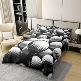 jejeloiu Golf Ball Duvet Cover 100% Cotton Set Full Size,Ball Sports Bedding Set for Kids Boys Men,White Golf Quilted Bedspread Cover 3Pcs with 2 Pillow Case (No Comforter)
