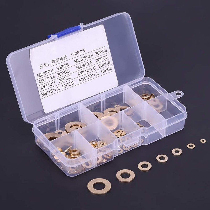 Copper Washer Kit,180Pcs M2/M2.5/M3/M4/M5/M6/M8/M10 Round Brass Flat Ring Washer Assortment