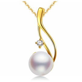 CHAULRI Premium 9-10mm Cultured Freshwater White Pearl Pendant Necklace 18K Gold Plated Sterling Silver gifts for Women for Her Wife Mom Daughter (Yellow, gold-plated-silver)