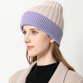 Color - Block Wool Knit Beanie - One Size Fits Most, Stylish Winter Headwear (US, Alpha, One Size, Standard, Grey)