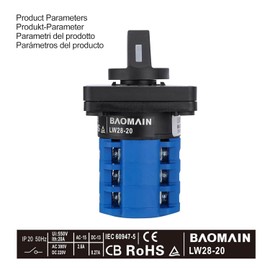 BAOMAIN Universal Rotary Hinge Switch, On/Off, 550 V, 20 A, 3 Positions, 3 Phases, CE and TUV Approvals, IP20, LW28-20/D303.3