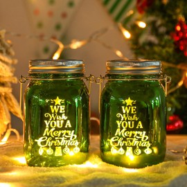 MUMTOP 2 Pack Christmas Solar Lanterns Waterproof Hanging Glass Mason Jar Solar Lights Fairy Yard Ornament for Outdoor Indoor Garden Yard Lawn Tabletop Christmas Decorations, Green