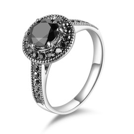 Aprilery Black Onyx Rings, Vintage Silver Statement Ring Marcasite Fashion Cocktail Ring Jewelry for Women Crystal Onyx Stone RingsGirls Teens (Circle, 10)