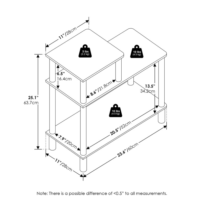 Furinno Turn-N-Tube 3-Tier Rectangular Sofa Side Table, End Table with