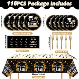 116PCS Law School Graduation Decorations Congrats Lawyer Grad Paper Plates Napkin Tablecloth Hanging Banner Swirls Law Themed Tableware Table Cover Supplies for Graduation Party Classroom Supplies