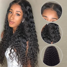Deep Wave Lace Front Wigs Human Hair Pre Plucked Deep Curly Wig for Women Human Hair Pre Plucked with Baby Hair Natural Black 28 Inch