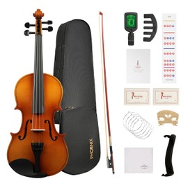 PHOENIX Violin 4/4 Full Size Set, Fiddle Set for professional Beginners Adults with Rosewood Bow Extra strings & Bridge, 2 Rosins, Tuner, Mute, Case (4/4)