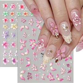 2Pcs Flower Nail Stickers 5D Embossed Lily Flower Nail Decals Colourful Hibiscus Floral Nail Design Stickers Self Adhesive Cute Nail Art Stickers Spring Flower Charms Nail Supplies for Woman Girls DIY