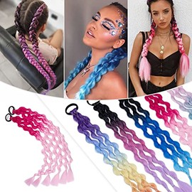 Hairro Colored Braids Hair Extensions with Rubber Bands Rainbow Braided Synthetic Hairpieces Ponytail Hair Accessories for Women Kids Girls Party Highlight 24 Inch 2pcs/Pack #BY40 Red to Light Pink
