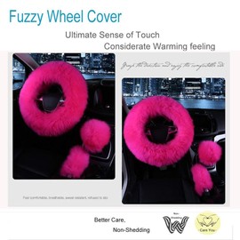 Younglingn Car Steering Wheel Cover Gear Shift Handbrake Fuzzy Cover 1 Set 3 Pcs Multi-Colored with Winter Warm Pure Wool Fashion for Girl Women Ladies Universal Fit Most Car(Rose red)