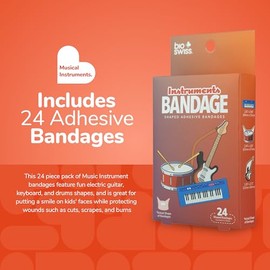 BioSwiss Vendas, vendas autoadhesivas con forma de instrumentos musicales, sin látex, estériles, para el cuidado de heridas, divertidos suministros de botiquín de primeros auxilios para niños y adul