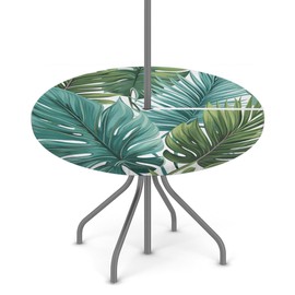 KNEMI Outdoor Round Tablecloth with Umbrella Hole, Tropical Leaves Patio Table Cover Fitted Tablecloth Waterproof Umbrella Table Cover for Party Picnic,Fit for 36"-44" Round Tables