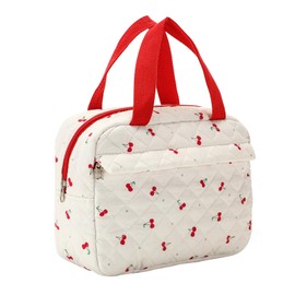 Large Size Quilted Coquette Makeup Bag, Cute Preppy Floral Cotton Travel Cosmetic Organizer Bag with Top Handle, Multi-Layer Travel Toiletry Pouch for Girls(02Cherry)