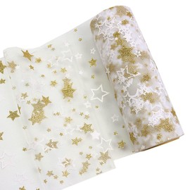 Yuanchuan Gold Star Glitter Tulle Rolls 6 inch x 10 Yards (30 feet) White Color for Table Runner Chair Sash Bow Pet Tutu Skirt Sewing Crafting Fabric Wedding Unicorn Party Birthday Gift Ribbon (White)