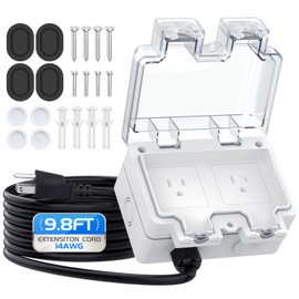 Outdoor Outlet Box with 9.8Ft Extension Cord, NEMA 5-15R,14 AWG Wire Double Socket,IP66 Waterproof Power Outlet Extender with Lockable Cover for Garden Yards Exterior Wall Power Socket