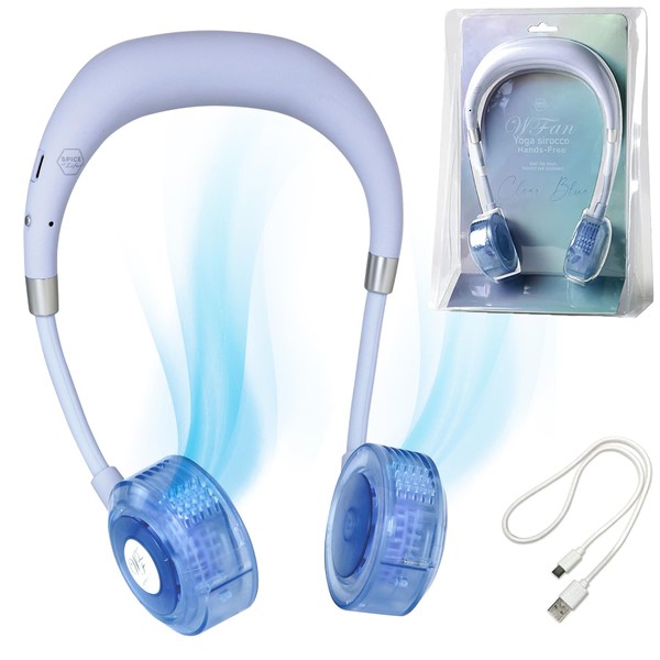 DFYS222BL WFan Hands-free Neck Fan Double Fan Yoga Scirocco Clear Blue SPICE OF LIFE UV Checker Included, Silent, 5 Levels of Airflow, 650 Minutes of Continuous Use, Neck Wrap, Nickel, Heatstroke Prevention, Rhythm Style, USB 500 Charging Times
