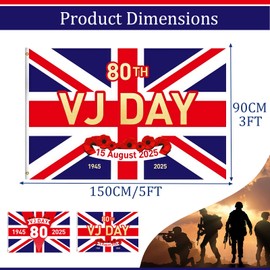 VJ Day Flag for 80th Anniversary 2025 Decorations,3Ft x 5Ft 15th August VJ Day Cloth Flag Party Decorations Waterproof 80 Years Victory In Japan 1945-2025 Events Party