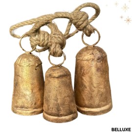BELLUXE Harmony 3 Cow Bells Set on Rope Large Rustic Vintage Lucky Cow Bells On Rope Wall Hanging Décor (Cone Set 3)