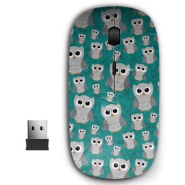 KAWAMOUSE 2.4G Ergonomic Portable USB Wireless Mouse for PC, Laptop, Computer, Notebook with Nano Receiver (Gray Owls On Teal Textured)
