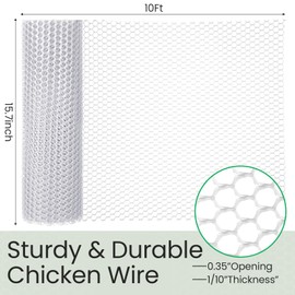 Landical 6 Rolls Plastic Chicken Wire Fencing Mesh 15.7 in x 10 ft Each Plastic Mesh Fence with Zip Ties Hexagonal Poultry Netting Garden Fencing Cat Fencing and Bird Netting(White)