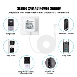 24V 500mA Doorbell Transformer, AC Power Adapter with 26FT Cable, Compatible with Ring Video Doorbell Pro/2 Nest Hello Zmodo Arlo Eufy and Smart Thermostats – Wired Power Supply – White