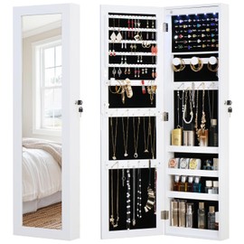 MASMIRE Full Length Mirror Jewelry Cabinet Organizer Lockable Door Wall-Mounted Jewelry Armoire with Shelves and Behind-the-Door Storage - White