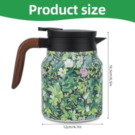 Vintage Floral Pattern Tea Pot, Insulated Teapot Built-In Infuser 1 Liter Stainless Steel Tea Flask Kettle with Wooden Handle for Office Home Kitchen (Green, 1000ml)
