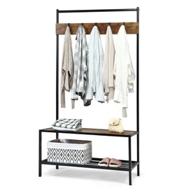 Tangkula 3 in 1 Industrial Coat Rack, Hall Tree Shoes Bench, Entryway Storage Organizer with 2-Tier Storage Bench and 5 Hooks, Wood Look Accent Furniture with Metal Frame(Coffee)