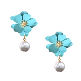 Vavhoo Spray Painted Floral Pearl Stud Earrings for Women with Gold Flower Bud Bohemian Pearl Flower Earrings Everyday Party Jewelry (Sky Blue)