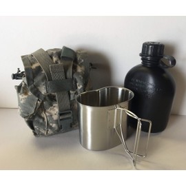 G.A.K 90026 G.I. Type, U.S Made 1 QT Canteen with New Stainless Steel Cup & G.I. Military ACU MOLLE II Pouch KIT.(Black)