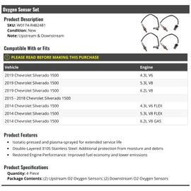 Upstream and Downstream Oxygen Sensor Set of 4 - Compatible with 2014-2019 Chevy Silverado 1500