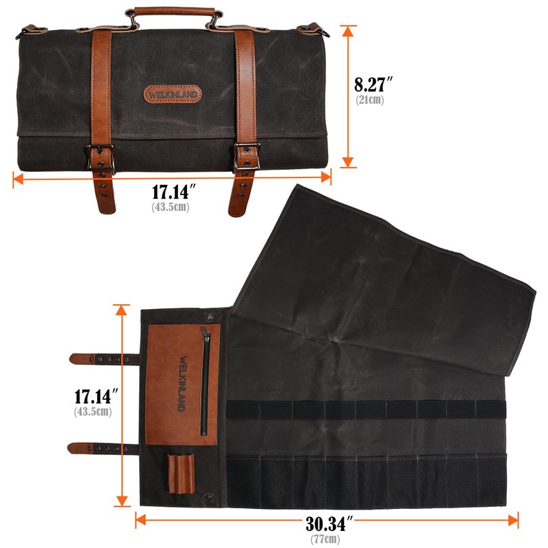 WELKINLAND 13-Pocket Knife Roll, Waxed-Canvas Leather Knife Roll Bag, Heavy-Duty