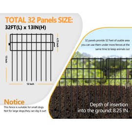 32 Panels Animal Barrier Fence No Dig, 32ft(L) X 13in(H) 1.2in Gap Rabbit Fences Ground Defense Border Small Metal Fencing, Dog Blocker Under Barriers for Garden, Flower Bed, Patio
