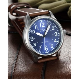 CIVO Men's Watches Waterproof Watch Analogue Quartz Large Numbers Luminous Military Sport Outdoor Easy to Read Gift, A-1 Brown/Blue, Strap.
