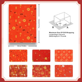 Red Gold Fu Character Gift Wrap Wrapping Paper Eastern China Theme For Kids Mom Dad Boys Girls Friends, 20x28" Per Sheet(6 sheets:23 sq.ft.ttl.) for Chinese Lunar New Year 2023 Spring Festival Wedding Baby Shower Birthday Christmas