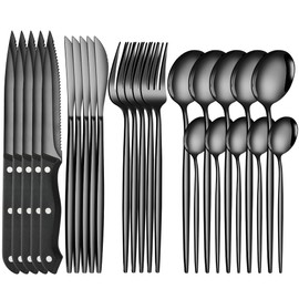 Juego de Cubiertos de 25 Piezas - Cubiertos de Acero Inoxidable con Cuchillo para Carne para 5 - Cubiertos con Cuchillo, Tenedores, Cucharas para Comer (Negro)