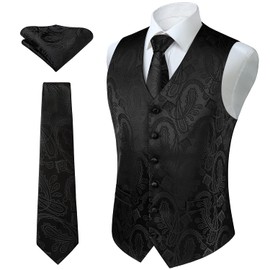 Enlision Men's Paisley Floral Wedding Party Jacquard Waistcoat&Necktie and Pocket Square Vest Suit Set Black