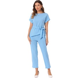 Allegra K Women's 2 Piece Sets Round Neck Short Sleeve Belted Asymmetry Tops Elastic Waist Trousers Set Large Light Blue