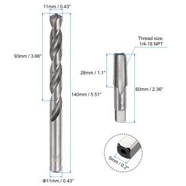 sourcing map Tap & Drill Bit Set, 1pcs 1/4-18 NPT Straight Flute Thread Taps and 1pcs 11mm Twist Drill Bits, HSS6542 Screw Tapping Threading Tools
