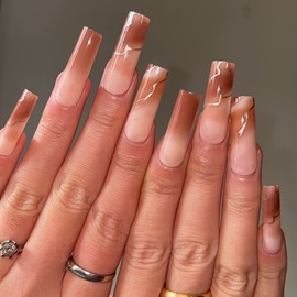 MISUD Press on Nails Long Square Fake Nails Glossy Glue on Nails Fall Brown Acrylic Nails Squoval Artificial Nails Autumn Ombre Stick on False Nails with Design 24 pcs