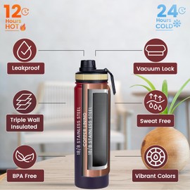 Lexlion Tea Infuser Bottle - Fruit Infuser Water Bottle 22 Oz, Triple Walled Insulated Stainless Steel Bottle, Thermal Leaf Infuser, Silicone Sleeve, Cleaning Brush, 3 Lids Leakproof, Metal Mug Gallon