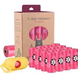 Compostable and Biodegradable Dog Poop Bags with Holder, Corn Starch Blended, Extra Thick, Leak Proof Waste Bags for Dogs, Pink, 240 count total with Holder, Lavendar Scented
